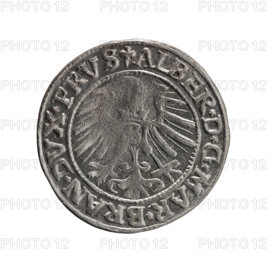 grosz, Schilling, Maciej. Albrecht Hohenzollern (Prince of Prussia; 1490–1568) — iconography: eagles, male busts in armor, Hohenzollern coat of arms. Obverse: Prussian eagle; on its chest a crowned letter S. In the rim, between pearl-shaped borders, an inscription beginning with a trefoil: ALBER*D*G*MAR*BRAN*DVX*PRVS. Reverse: male bust in armor in profile facing right; short hair, long pointed beard with sideburns, dividing the inner border. In the rim, between pearl-shaped borders, an inscription beginning with the Hohenzollern shield: *IVSTVS*EX*FIDE*VIVIT* I546*. Date: 1546. Ducal Prussia (1525–1701), Königsberg. Coin: diameter 23.2 mm, weight 1.88 g, axis 0°.