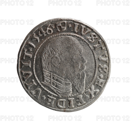 grosz, Schilling, Maciej, Albrecht Hohenzollern (Prince of Prussia; 1490–1568) — iconography: eagles, male bust in armor, Hohenzollern coat of arms. Obverse: Prussian eagle, on its chest a crowned letter S; in rim between pearl-shaped borders an inscription beginning with a trefoil ALBER*D*G*MAR*BRAN*DVX*PRVS. Reverse: male bust in armor in profile to the right; short hair, long pointed beard with sideburns, dividing the inner border; in rim between pearl-shaped borders an inscription beginning with the Hohenzollern shield *IVSTVS*EX*FIDE*VIVIT* I546*. 1546, Ducal Prussia (1525–1701), Königsberg. Coin: diameter 23.2 mm, weight 1.88 g, axis 0°.