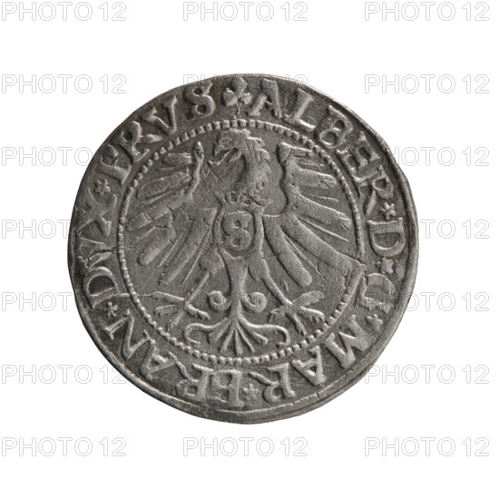 grosz, Schilling, Maciej, Albrecht Hohenzollern (Prince of Prussia; 1490–1568) - iconography, eagles, Hohenzollern (coat of arms), male busts in armor; Obv. Prussian eagle, on its chest the crowned letter S. In the rim, between the pearl-shaped borders, an inscription beginning with a trefoil ALBER*D*G*MAR*BRAN*DVX*PRVS. Rev. Male bust in armor in profile turned to the right; short hair, long pointed beard with sideburns, dividing the inner rim. In the rim, between the pearl-shaped borders, an inscription beginning with the Hohenzollern shield *IVSTVS*EX*FIDE*VIVIT*I546*. 1546. Ducal Prussia (1525–1701), Königsberg. Coin: diameter 22.8 mm, weight 1.93 g, axis 135°.