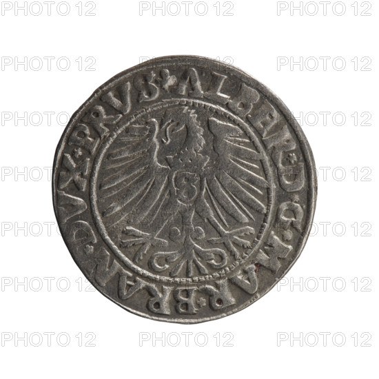 grosz, Schilling, Maciej, Albrecht Hohenzollern (Prince of Prussia; 1490-1568) - iconography, eagles, Hohenzollern (coat of arms), male busts in armor, Obv. Prussian eagle, on its chest the crowned letter S. In the rim, between the pearl-shaped borders, an inscription beginning with a trefoil ALBER*D*G*MAR*BRAN*DVX*PRVS Rev. Male bust in armor in profile turned to the right; short hair, long, pointed beard with sideburns, dividing the inner rim. In the rim, between the pearl-shaped borders, an inscription beginning with the Hohenzollern shield *IVSTVS*EX*FIDE*VIVIT*I546*, 1546, Ducal Prussia (1525-1701), Königsberg, coin, diameter 22.7 mm, weight 1.90 g, axis 225 degrees