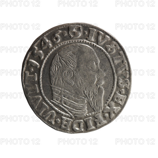 Albrecht Hohenzollern (Prince of Prussia; 1490–1568) — coin (Ducal Prussia, Königsberg), 1546. Obverse: Prussian eagle with crowned letter S on its chest; rim inscription beginning with a trefoil: ALBER*D*G*MAR*BRAN*DVX*PRVS. Reverse: male bust in armor in profile to the right; short hair, long pointed beard with sideburns; rim inscription beginning with the Hohenzollern shield: *IVSTVS*EX*FIDE*VIVIT*I546*. Diameter 22.7 mm; weight 1.90 g; axis 225°. Maker: grosz, Schilling, Maciej. Iconography: eagles, Hohenzollern coat of arms, male busts in armor.