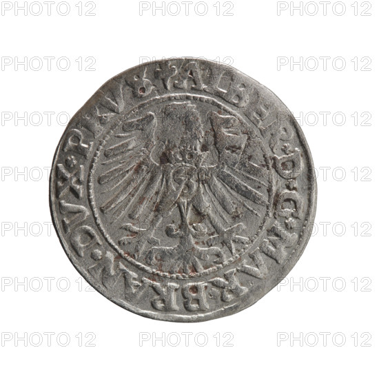 Grosz, Schilling, Maciej. Albrecht Hohenzollern (Prince of Prussia; 1490–1568) — iconography. Hohenzollern coat of arms; male busts in armor; eagles. Obverse: Prussian eagle, on its chest the crowned letter S; in the rim between pearl-shaped borders an inscription beginning with a trefoil ALBER*D*G*MAR*BRAN*DVX*PRVS. Reverse: Male bust in armor in profile turned to the right; short hair, long pointed beard with sideburns, dividing the inner border; in the rim between pearl-shaped borders an inscription beginning with the Hohenzollern shield *IVSTVS*EX*FIDE*VIVIT*I. 6*, 1546. Ducal Prussia (1525–1701), Königsberg. Coin: diameter 22.7 mm, weight 1.96 g, axis 170°.