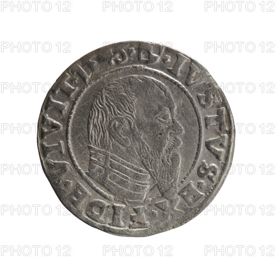 grosz, Schilling, Maciej, Albrecht Hohenzollern (Prince of Prussia; 1490–1568) — iconography: Hohenzollern coat of arms, male busts in armor, eagles. Obverse: Prussian eagle, on its chest the crowned letter S; in the rim between pearl-shaped borders an inscription beginning with a trefoil ALBER*D*G*MAR*BRAN*DVX*PRVS. Reverse: male bust in armor in profile turned to the right; short hair, long pointed beard with sideburns, dividing the inner border; in the rim between pearl-shaped borders an inscription beginning with the Hohenzollern shield *IVSTVS*EX*FIDE*VIVIT*I. 1546, Ducal Prussia (1525–1701), Königsberg. Coin: diameter 22.7 mm, weight 1.96 g, axis 170°.