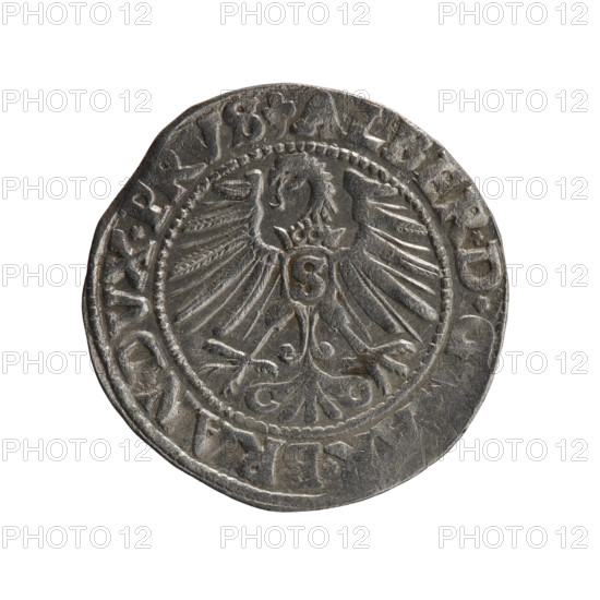 grosz, Schilling, Maciej, Albrecht Hohenzollern (Prince of Prussia; 1490–1568) — iconography: eagles, Hohenzollern (coat of arms), male busts in armor. Obv.: Prussian eagle, on its chest a crowned letter S; in the rim, between pearl-shaped borders, an inscription beginning with a trefoil ALBER*D*G, *BRAN*DVX*PRVS. Rev.: male bust in armor in profile turned to the right; short hair, long pointed beard with sideburns, dividing the inner border; in the rim, between pearl-shaped borders, an inscription beginning with the Hohenzollern shield *IVSTVS*EX*FIDE*, *I546*, 1546. Ducal Prussia (1525–1701), Königsberg; coin: diameter 23.0 mm, weight 1.97 g, axis 350°.