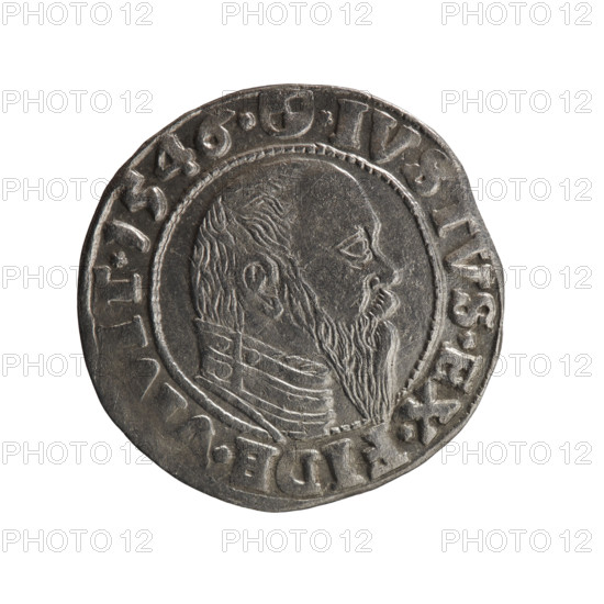 grosz, Schilling, Maciej, Albrecht Hohenzollern (Prince of Prussia; 1490–1568) - iconography, eagles, Hohenzollern (coat of arms), male busts in armor. Obverse: Prussian eagle, on its chest a crowned letter S; in the rim, between the pearl-shaped borders, an inscription beginning with a trefoil ALBER*D*G, *BRAN*DVX*PRVS. Reverse: male bust in armor in profile turned to the right; short hair, long pointed beard with sideburns, dividing the inner border; in the rim, between the pearl-shaped borders, an inscription beginning with the Hohenzollern shield *IVSTVS*EX*FIDE*; dated 1546. Ducal Prussia (1525–1701), Königsberg; coin: diameter 23.0 mm, weight 1.97 g, axis 350°.