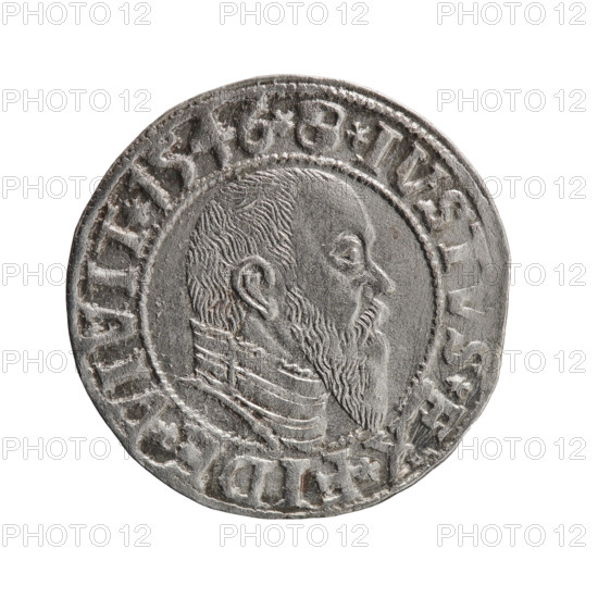 grosz, Schilling, Maciej, Albrecht Hohenzollern (Prince of Prussia; 1490–1568) — iconography: eagles, Hohenzollern (coat of arms), male busts in armor. Obv.: Prussian eagle, on its chest the crowned letter S; rim between pearl-shaped borders with inscription beginning with a trefoil AL, R*D*G*MAR*BRAN*DVX*PRVSS. Rev.: male bust in armor in profile turned to the right; short hair, long pointed beard with sideburns, inner border dividing line; rim between pearl-shaped borders with inscription beginning with the Hohenzollern shield *IVSTVS*EX*FIDE*VIVIT*I546*. 1546, Königsberg, Ducal Prussia (1525–1701). Coin, diameter 23.6 mm, weight 1.89 g, axis 225°.