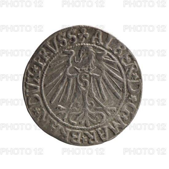 Albrecht Hohenzollern (Prince of Prussia; 1490–1568) — obverse: Prussian eagle, on its chest a crowned letter S; in the rim between pearl-shaped borders an inscription beginning with a trefoil: ALBER*D*G*MAR*BRAN*DVX*PRVSS. Reverse: male bust in armor in profile turned to the right; short hair, long pointed beard with sideburns, dividing the inner border; in the rim between the pearl-shaped borders an inscription beginning with the Hohenzollern shield: *IVSTVS*EX*FIDE*VIVIT*I546*. Dated 1546. Ducal Prussia (1525–1701), Königsberg. Coin; diameter 23.0 mm, weight 2.00 g, axis 20°.