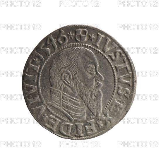 Albrecht Hohenzollern (Prince of Prussia; 1490–1568) — obverse: Prussian eagle, on its chest a crowned letter S; in the rim between pearl-shaped borders an inscription beginning with a trefoil ALBER*D*G*MAR*BRAN*DVX*PRVSS. Reverse: male bust in armor in profile turned to the right; short hair, long pointed beard with sideburns, dividing the inner border; in the rim between pearl-shaped borders an inscription beginning with the Hohenzollern shield *IVSTVS*EX*FIDE*VIVIT*I546*. 1546; Ducal Prussia (1525–1701), Königsberg; coin; diameter 23.0 mm; weight 2.00 g; axis 20°.