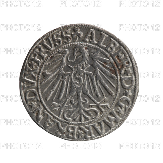 grosz, Schilling, Maciej, Albrecht Hohenzollern (Prince of Prussia; 1490–1568) — iconography: eagles, Hohenzollern coat of arms; male busts in armour. Obverse: Prussian eagle, on its chest a crowned letter S; in the rim between pearl-shaped borders an inscription beginning with a trefoil ALBER*D*G*MAR*BRAN*DVX*PRVSS. Reverse: male bust in armour in profile turned to the right; short hair, long pointed beard with sideburns, dividing the inner border; in the rim between pearl-shaped borders an inscription beginning with the Hohenzollern shield *IVSTVS*EX*FIDE*VIVIT*I546*. Date: 1546. Place/style: Ducal Prussia (1525–1701), Königsberg. Object: coin; diameter 23.5 mm; weight 2.13 g; axis 140°.