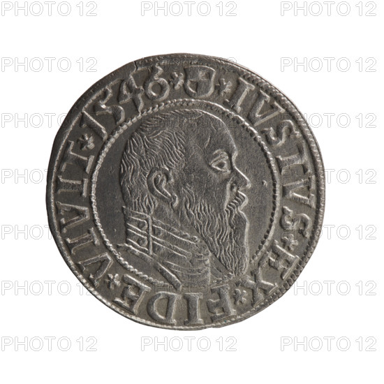 Albrecht Hohenzollern (Prince of Prussia; 1490–1568) — obverse: Prussian eagle with on its chest a crowned letter S; in the rim, between pearl-shaped borders, an inscription beginning with a trefoil ALBER*D*G*MAR*BRAN*DVX*PRVSS. Reverse: male bust in armour in profile turned right; short hair, long pointed beard with sideburns, dividing the inner border; in the rim, between pearl-shaped borders, an inscription beginning with the Hohenzollern shield *IVSTVS*EX*FIDE*VIVIT*I546*. 1546; Ducal Prussia (1525–1701), Königsberg; coin, diameter 23.5 mm, weight 2.13 g, axis 140°.