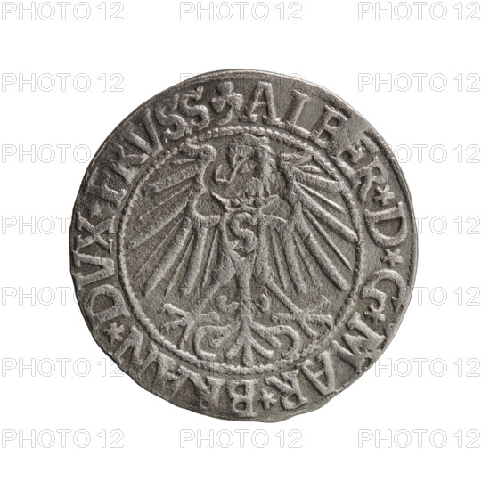 grosz, Schilling, Maciej; eagles; Albrecht Hohenzollern (Prince of Prussia; 1490–1568) — iconography; Hohenzollern (coat of arms); male busts in armour. Obv.: Prussian eagle, on its chest the crowned letter S. In the rim, between the pearl-shaped borders, an inscription beginning with a trefoil ALBER*D*G*MAR*B, AN*DVX*PRVSS. Rev.: Male bust in armour in profile turned to the right; short hair, long pointed beard with sideburns, dividing the inner border. In the rim, between the pearl-shaped borders, an inscription beginning with the Hohenzollern shield *IVSTVS*EX*FIDE*VIVIT*I546*. Date: 1546, place: Königsberg, Ducal Prussia (1525–1701). Coin; diameter 23.2 mm; weight 1.93 g; axis 225°.