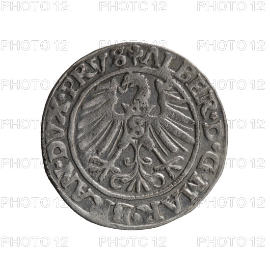 Albrecht Hohenzollern (Prince of Prussia; 1490–1568) — coin; obverse: Prussian eagle, on its chest a crowned letter S; on rim between pearl borders an inscription beginning with a trefoil ALBER*D*G*MAR*BRAN*DVX*PRVS. Reverse: male bust in armour in profile turned to the right; short hair, long pointed beard with sideburns, separating the inner border; on rim between pearl borders an inscription starting with the Hohenzollern shield *IVSTVS*EX*FIDE*VIVIT*I546*. Date: 1546. Place: Ducal Prussia (Königsberg). Coin diameter 22.5 mm; weight 1.93 g; axis 45°. Maker: Grosz, Schilling, Maciej. Subjects/icons: eagles, Hohenzollern coat of arms, male busts in armour.
