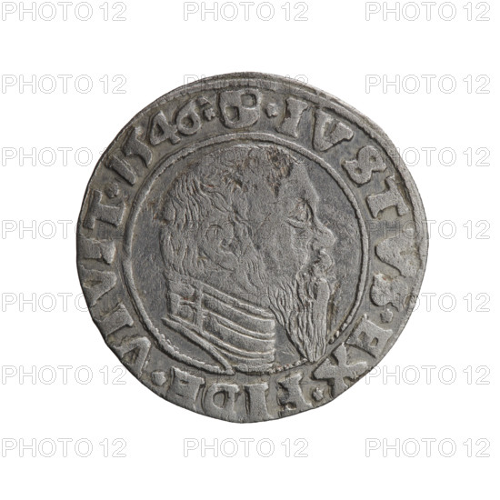 Albrecht Hohenzollern (Prince of Prussia; 1490–1568) — obverse: Prussian eagle, on its chest a crowned letter S; on the rim between pearl borders an inscription beginning with a trefoil ALBER*D*G*MAR*BRAN*DVX*PRVS. Reverse: male bust in armour in profile turned right; short hair, long pointed beard with sideburns, separating the inner border; on the rim between pearl borders an inscription starting with the Hohenzollern shield *IVSTVS*EX*FIDE*VIVIT*I546*. 1546. Ducal Prussia (1525–1701), Königsberg. Coin; diameter 22.5 mm, weight 1.93 g, axis 45°. Maker: Grosz, Schilling, Maciej. Subjects/ motifs: eagles, Hohenzollern coat of arms, male busts in armour.