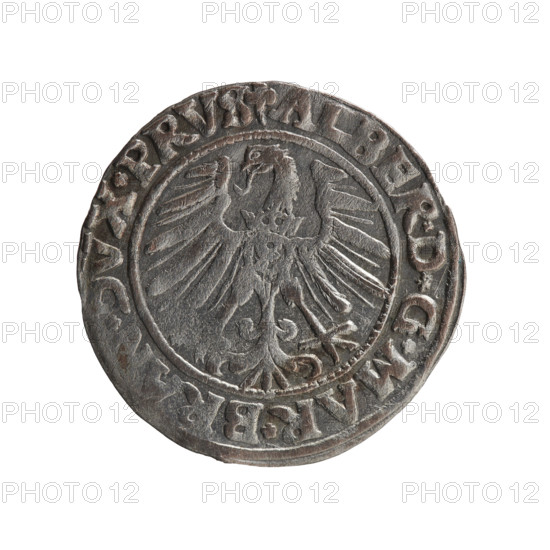 grosz, Schilling, Maciej, Albrecht Hohenzollern (Prince of Prussia; 1490-1568) - iconography, eagles, Hohenzollern (coat of arms), male busts in armor; Obv.: Prussian eagle, on its chest a crowned letter S; in the rim, between the pearl-shaped borders, an inscription beginning with a trefoil ALBER*D*G*MAR*BR,*DVX*PRVS. Rev.: Male bust in armor in profile turned to the right; short hair, long pointed beard with sideburns; in the rim, between the pearl-shaped borders, an inscription beginning with the Hohenzollern shield, STVS*EX*FIDE, IVIT*I546*, 1546. Ducal Prussia (1525–1701), Königsberg; coin: diameter 22.6 mm, weight 1.86 g, axis 130 degrees.