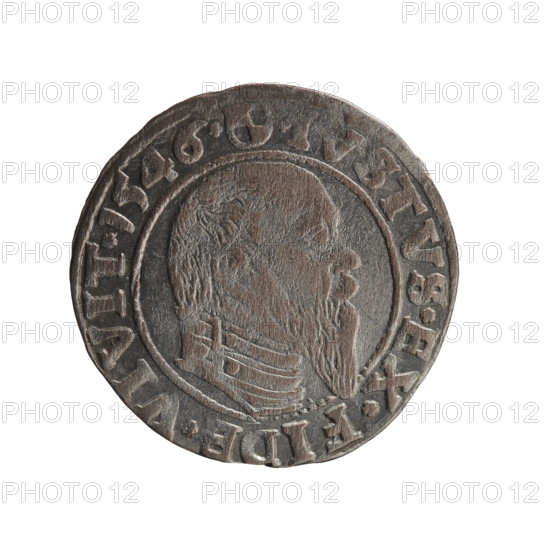 Albrecht Hohenzollern (Prince of Prussia; 1490–1568) — obverse: Prussian eagle with on its chest a crowned letter S; in rim between pearl-shaped borders an inscription beginning with a trefoil ALBER*D*G*MAR*BR, *DVX*PRVS. Reverse: male bust in armor in profile to the right; short hair, long pointed beard with sideburns; in rim between pearl-shaped borders an inscription beginning with the Hohenzollern shield, STVS*EX*FIDE, IVIT*I546*, 1546. Ducal Prussia (1525–1701), Königsberg. Coin: diameter 22.6 mm, weight 1.86 g, axis 130°.