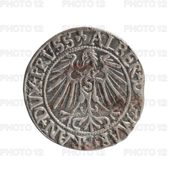 grosz, Schilling, Maciej, Albrecht Hohenzollern (Prince of Prussia; 1490–1568) — obverse: Prussian eagle; on its chest the crowned letter S; in the rim between pearl-shaped borders an inscription beginning with a trefoil ALBER* *MA, AN*DVX*PRVSS. Reverse: male bust in armor in profile turned to the right; short hair, long pointed beard with sideburns, dividing the inner border; in the rim between pearl-shaped borders an inscription beginning with the Hohenzollern shield *IVSTVS*EX*FIDE*VIVIT* I54. 1546, Ducal Prussia (1525–1701), Königsberg; coin: diameter 23.1 mm, weight 1.95 g, axis 270°.