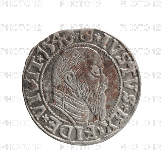 grosz, Schilling, Maciej, Albrecht Hohenzollern (Prince of Prussia; 1490-1568) - iconography; eagles; Hohenzollern (coat of arms); male busts in armor. Obverse: Prussian eagle, on its chest the crowned letter S. In the rim, between the pearl-shaped borders, an inscription beginning with a trefoil ALBER*, *MA, AN*DVX*PRVSS. Reverse: male bust in armor in profile turned to the right; short hair, long pointed beard with sideburns, dividing the inner border. In the rim, between the pearl-shaped borders, an inscription beginning with the Hohenzollern shield *IVSTVS*EX*FIDE*VIVIT* I54. Date 1546. Ducal Prussia (1525–1701), Königsberg. Coin: diameter 23.1 mm, weight 1.95 g, axis 270°.