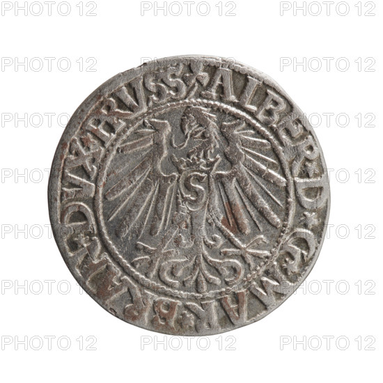 Albrecht Hohenzollern (Prince of Prussia; 1490–1568) — coin, 1546. Obverse: Prussian eagle, on its chest a crowned letter S; rim inscription beginning with a trefoil: ALBER*D*G*MAR*BRAN*DVX*PRVSS. Reverse: male bust in armor in profile turned to the right; short hair, long pointed beard with sideburns; inner border divided by the Hohenzollern shield; rim inscription beginning with *IVSTVS*EX*FIDE*VIVIT*I546*. Ducal Prussia (1525–1701), Königsberg. Diameter 23.4 mm, weight 1.95 g, axis 315°.