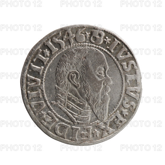Albrecht Hohenzollern (Prince of Prussia; 1490–1568) — silver coin, 1546. Obverse: Prussian eagle, on its chest a crowned letter S; rim inscription beginning with a trefoil ALBER*D*G*MAR*BRAN*DVX*PRVSS between pearl-shaped borders. Reverse: male bust in armor in profile to the right; short hair, long pointed beard with sideburns; rim inscription beginning with the Hohenzollern shield *IVSTVS*EX*FIDE*VIVIT*I546* between pearl-shaped borders. Ducal Prussia (1525–1701), Königsberg. Diameter 23.4 mm, weight 1.95 g, axis 315°.