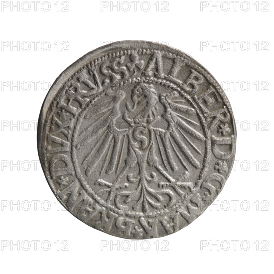 grosz, Schilling, Maciej, Albrecht Hohenzollern (Prince of Prussia; 1490–1568) - iconography, eagles, Hohenzollern (coat of arms), male busts in armor. Obverse: Prussian eagle, on its chest a crowned letter S. In the rim, between the pearl-shaped borders, an inscription beginning with a trefoil ALBER*D*, *MAR*BRAN*DVX*PRVSS. Reverse: Male bust in armor in profile turned to the right; short hair, long pointed beard with sideburns, dividing the inner border. In the rim, between the pearl-shaped borders, an inscription beginning with the Hohenzollern shield *IVSTVS*EX*FIDE*VIVIT* I546*. 1546, Ducal Prussia (1525–1701), Königsberg. Coin: diameter 23.3 mm, weight 2.00 g, axis 270°.