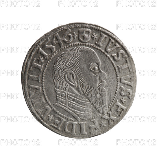 grosz, Schilling, Maciej, Albrecht Hohenzollern (Prince of Prussia; 1490–1568) - iconography, eagles, Hohenzollern (coat of arms), male busts in armor. Obverse: Prussian eagle, on its chest a crowned letter S. In the rim, between the pearl-shaped borders, an inscription beginning with a trefoil ALBER*D*, *MAR*BRAN*DVX*PRVSS. Reverse: Male bust in armor in profile turned to the right; short hair, long pointed beard with sideburns, dividing the inner border. In the rim, between the pearl-shaped borders, an inscription beginning with the Hohenzollern shield *IVSTVS*EX*FIDE*VIVIT*I546*. 1546. Ducal Prussia (1525–1701), Königsberg. Coin: diameter 23.3 mm, weight 2.00 g, axis 270°.