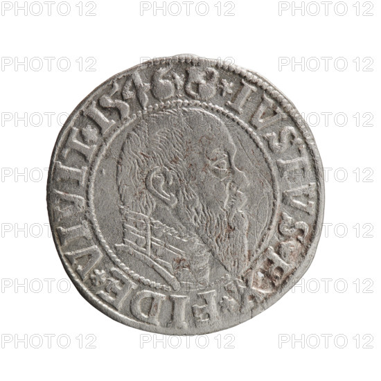 Albrecht Hohenzollern (Prince of Prussia; 1490–1568) — coin, Ducal Prussia (1525–1701), Königsberg, 1546; diameter 23.6 mm, weight 1.80 g, axis 150°. Obverse: Prussian eagle, on its chest the crowned letter S; in the rim between pearl-shaped borders an inscription beginning with a trefoil ALBER*D*G*MAR*BRAN*DVX*PRVSS. Reverse: male bust in armor in profile turned to the right; short hair, long pointed beard with sideburns, dividing the inner border; in the rim between the pearl-shaped borders an inscription beginning with the Hohenzollern shield *IVSTVS*, *FIDE*VIVIT*I546*.