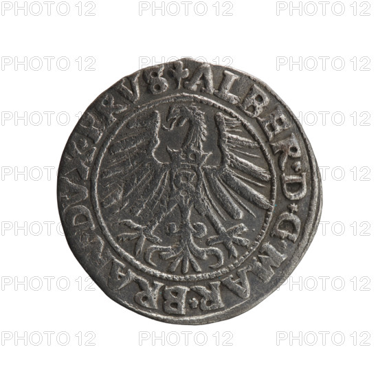 Albrecht Hohenzollern (Prince of Prussia; 1490–1568) — coin (Ducal Prussia, Königsberg, 1546). Obverse: Prussian eagle, on its chest a crowned letter S; rim inscription beginning with a trefoil: ALBER*D*G*MAR*BRAN*DVX*PRVS. Reverse: male bust in armor in profile to the right; short hair, long pointed beard with sideburns; inner border divided; rim inscription beginning with the Hohenzollern shield: IVSTVS*EX*FIDE*VIVI *1546*. Coin: diameter 22.5 mm, weight 1.92 g, axis 200°.