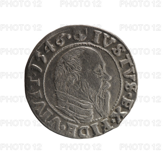 grosz, Schilling, Maciej, Albrecht Hohenzollern (Prince of Prussia; 1490–1568) — iconography: eagles, Hohenzollern (coat of arms), male busts in armor. Obv.: Prussian eagle; on its chest a crowned letter S. In the rim, between the pearl-shaped borders, an inscription beginning with a trefoil: ALBER*D*G*MAR*BRAN*DVX*PRVS. Rev.: Male bust in armor in profile turned to the right; short hair, long pointed beard with sideburns, dividing the inner border. In the rim, between the pearl-shaped borders, an inscription beginning with the Hohenzollern shield: IVSTVS*EX*FIDE*VIVI *I546* (1546). Ducal Prussia (1525–1701), Königsberg. Coin: diameter 22.5 mm, weight 1.92 g, axis 200°.