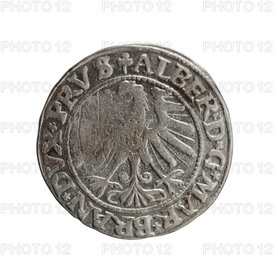 Grosz; Schilling; Maciej; eagles; Albrecht Hohenzollern (Prince of Prussia; 1490–1568) — iconography; Hohenzollern (coat of arms); male busts in armor. Obverse: Prussian eagle, on its chest the crowned letter S; in the rim between pearl-shaped borders, an inscription beginning with a trefoil ALBER*D*G*MAR*BRAN*DVX*PRVS. Reverse: male bust in armor in profile turned to the right; short hair, long pointed beard with sideburns, dividing the inner border; in the rim between pearl-shaped borders, an inscription beginning with the Hohenzollern shield *IVSTVS*EX*FIDE*VIVIT* I546*. Dated 1546. Ducal Prussia (1525–1701), Königsberg. Coin: diameter 22.7 mm, weight 2.03 g, axis 90°.