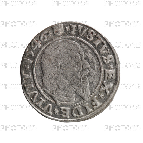 Maker: Schilling, Maciej; Subject: Albrecht Hohenzollern (Prince of Prussia; 1490–1568). Coin, Ducal Prussia (1525–1701), Königsberg, 1546. Obverse: Prussian eagle, on its chest the crowned letter S; rim inscription beginning with a trefoil ALBER*D*G*MAR*BRAN*DVX*PRVS; pearl-shaped border. Reverse: Male bust in armor in profile turned to the right; short hair, long pointed beard with sideburns; Hohenzollern shield; rim inscription beginning with *IVSTVS*EX*FIDE*VIVIT*I546*. Coin: diameter 22.7 mm, weight 2.03 g, axis 90°. Style/iconography: Hohenzollern coat of arms, male busts in armor, eagles.