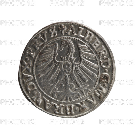Albrecht Hohenzollern (Prince of Prussia; 1490–1568) — coin (Ducal Prussia, 1546), obverse: Prussian eagle, on its chest the crowned letter S; in the rim between pearl-shaped borders, inscription beginning with a trefoil 'ALBER*D*G*MAR*BRAN*DVX*PRVS'. Reverse: male bust in armor in profile turned to the right; short hair, long pointed beard with sideburns; inner border divided by the Hohenzollern shield; in the rim between pearl-shaped borders, inscription beginning with '*IVSTVS*EX*, DE*VIVIT*I546*'. Diameter 23.1 mm, weight 1.97 g, axis 270°. Maker: Grosz, Schilling, Maciej. Subjects/icons: eagles, Hohenzollern coat of arms, male busts in armor.