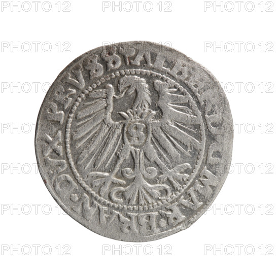 grosz; Schilling, Maciej; Albrecht Hohenzollern (Prince of Prussia; 1490–1568). Iconography: eagles; Hohenzollern coat of arms; male busts in armor. Obverse: Prussian eagle, on its chest a crowned letter S; in the rim between pearl-shaped borders an inscription beginning with a trefoil ALB, MAR*BRAN*DVX*PRVSS. Reverse: male bust in armor in profile turned to the right; short hair, long pointed beard with sideburns; inner border divided. In the rim between pearl-shaped borders an inscription beginning with the Hohenzollern shield, VS*EX*, IDE*VIVIT*I5, 1546. Ducal Prussia (1525–1701), Königsberg. Coin: diameter 22.8 mm, weight 1.87 g, axis 315°.