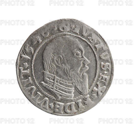 grosz, Schilling, Maciej, Albrecht Hohenzollern (Prince of Prussia; 1490–1568) - iconography: eagles, Hohenzollern (coat of arms), male busts in armor. Obverse: Prussian eagle, on its chest a crowned letter S; in the rim, between pearl-shaped borders, an inscription beginning with a trefoil ALB, MAR*BRAN*DVX*PRVSS. Reverse: male bust in armor in profile turned to the right; short hair, long pointed beard with sideburns, dividing the inner border; in the rim, between pearl-shaped borders, an inscription beginning with the Hohenzollern shield VS*EX*IDE*VIVIT*I5. 1546. Ducal Prussia (1525–1701), Königsberg. Coin: diameter 22.8 mm, weight 1.87 g, axis 315°.