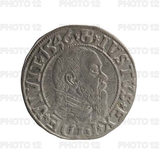 grosz; Schilling, Maciej; eagles; Albrecht Hohenzollern (Prince of Prussia; 1490–1568) — iconography; Hohenzollern (coat of arms); male busts in armor. Obverse: Prussian eagle, on its chest the crowned letter S; in the rim, between pearl-shaped borders, an inscription beginning with a trefoil ALB *D*G*MAR*BRAN*DVX*PRVSS. Reverse: male bust in armor in profile turned to the right; short hair, long pointed beard with sideburns, dividing the inner border; in the rim, between pearl-shaped borders, an inscription beginning with the Hohenzollern shield *IVSTVS*EX*F, E*VIVIT*I546*. Date: 1546. Place/issue: Ducal Prussia (1525–1701), Königsberg. Coin: diameter 23.3 mm, weight 1.89 g, axis 135°.