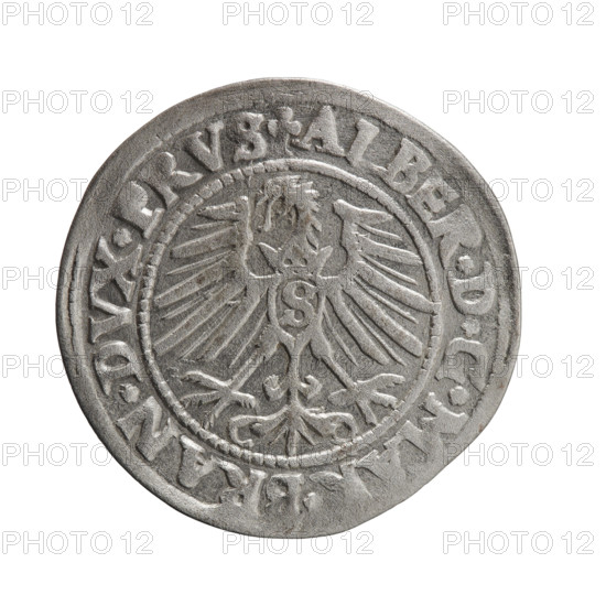 grosz; Schilling; Maciej; eagles; Hohenzollern (coat of arms); male busts in armor; Albrecht Hohenzollern (Prince of Prussia; 1490–1568) — iconography. Obverse: Prussian eagle, on its chest the crowned letter S; in the rim, between pearl-shaped borders, inscription beginning with a trefoil ALBER*D*G*MAR*BRAN*DVX*PRVS. Reverse: male bust in armor in profile turned to the right; short hair, long pointed beard with sideburns, dividing the inner rim; in the rim, between pearl-shaped borders, inscription beginning with the Hohenzollern shield *IVSTVS*EX*FIDE*VIVIT*I. 1547; Ducal Prussia (1525–1701); Königsberg. Coin: diameter 24.1 mm; weight 1.91 g; axis 90°.