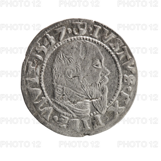 grosz; Schilling, Maciej; eagles; Albrecht Hohenzollern (Prince of Prussia; 1490–1568) — iconography; Hohenzollern (coat of arms); male busts in armor. Obverse: Prussian eagle, on its chest the crowned letter S; in the rim, between pearl-shaped borders, an inscription beginning with a trefoil ALBER*D*G*MAR*BRAN*DVX*PRVSS. Reverse: male bust in armor in profile turned to the right; short hair, long pointed beard with sideburns, dividing the inner border; in the rim, between pearl-shaped borders, an inscription beginning with the Hohenzollern shield *IVSTVS*EX*FI, E*VI, IT*I547*; dated 1547. Ducal Prussia (1525–1701), Königsberg. Coin: diameter 23.3 mm, weight 1.87 g, axis 45°.