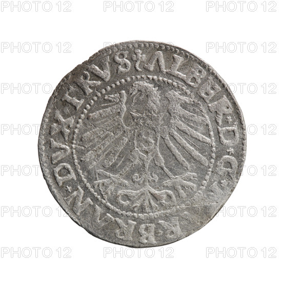 grosz, Schilling, Maciej, eagles, Albrecht Hohenzollern (Prince of Prussia; 1490–1568) — iconography, Hohenzollern (coat of arms); male busts in armor. Obv.: Prussian eagle, on its chest a crowned letter S; in the rim, between pearl-shaped borders, an inscription beginning with a trefoil ALBER*D*G*, BRAN*DVX*PRVS. Rev.: male bust in armor in profile turned to the right; short hair, long pointed beard with sideburns, dividing the inner border; in the rim, between pearl-shaped borders, an inscription beginning with the Hohenzollern shield *IVSTVS, X*FIDE*VIVIT* I547*. Date: 1547. Duchy: Ducal Prussia (1525–1701), Königsberg. Coin: diameter 23.3 mm, weight 1.82 g, axis 110°.