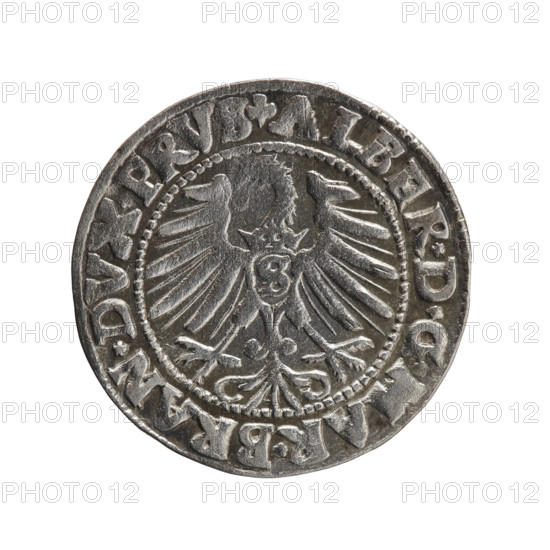 grosz, Schilling, Maciej; obverse: Prussian eagle with crowned letter S on its chest; rim inscription beginning with a trefoil ALBER*D*G*MAR*BRAN*DVX*PRVS. Reverse: male bust in armor in profile to the right; short hair, long pointed beard with sideburns; inner border divided by Hohenzollern shield and rim inscription beginning with *IVSTVS*EX*FIDE*VIVIT*I547*. Iconography: Albrecht Hohenzollern (Prince of Prussia; 1490–1568), Hohenzollern coat of arms. Date: 1547. Place: Ducal Prussia (1525–1701), Königsberg. Coin: diameter 23.0 mm, weight 1.90 g, axis 140 degrees.