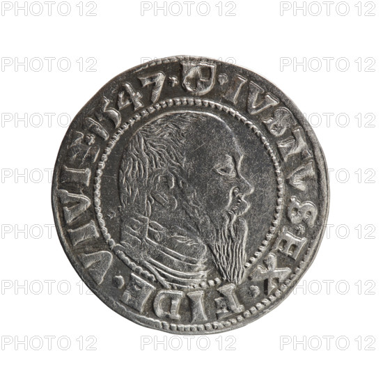 grosz, Schilling, Maciej, eagles, Albrecht Hohenzollern (Prince of Prussia; 1490–1568) - iconography, Hohenzollern (coat of arms), male busts in armor. Obverse: Prussian eagle, on its chest the crowned letter S; in the rim, between pearl-shaped borders, an inscription beginning with a trefoil ALBER*D*G*MAR*BRAN*DVX*PRVS. Reverse: male bust in armor in profile turned to the right; short hair, long pointed beard with sideburns, dividing the inner border; in the rim, between pearl-shaped borders, an inscription beginning with the Hohenzollern shield *IVSTVS*EX*FIDE*VIVIT*I547*. 1547, Ducal Prussia (1525–1701), Königsberg. Coin: diameter 23.0 mm, weight 1.90 g, axis 140°.