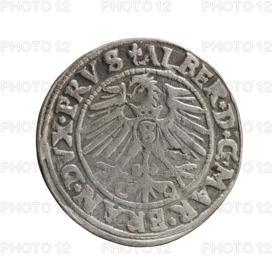 grosz, Schilling, Maciej; Albrecht Hohenzollern (Prince of Prussia; 1490–1568) - iconography: Hohenzollern (coat of arms), male busts in armour. Obv.: Prussian eagle, on his chest the crowned letter S; in the rim, between the pearl-shaped borders, an inscription beginning with a trefoil ALBER*D*G*MAR*BRAN*DVX*PRVS. Rev.: Male bust in armour in profile turned to the right; short hair, long pointed beard with sideburns, dividing the inner rim; in the rim, between the pearl-shaped borders, an inscription beginning with the Hohenzollern shield *IVSTVS*EX*FIDE*VIVIT*I547*. 1547. Ducal Prussia (1525–1701), Königsberg. Coin: diameter 23.8 mm, weight 1.96 g, axis 315°.