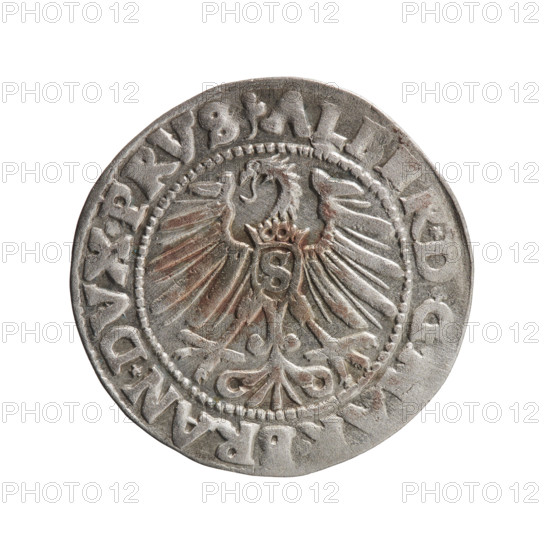 grosz; Schilling, Maciej; eagles; Albrecht Hohenzollern (Prince of Prussia; 1490–1568) — iconography; Hohenzollern (coat of arms); male busts in armor. Obverse: Prussian eagle bearing on its chest the crowned letter S; in the rim between pearl-shaped borders an inscription beginning with a trefoil AL, *D*G, RAN*DVX*PRVS. Reverse: male bust in armor in profile turned to the right; short hair, long pointed beard with sideburns, dividing the inner border; in the rim between pearl-shaped borders an inscription beginning with the Hohenzollern shield *I, TV, *EX*FIDE*VIVIT*I, *, 1547. Ducal Prussia (1525–1701), Königsberg. Coin: diameter 23.0 mm, weight 1.97 g, axis 270°.