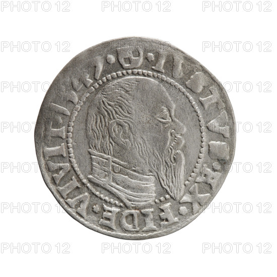 grosz; Schilling, Maciej; eagles; Albrecht Hohenzollern (Prince of Prussia; 1490–1568) — iconography; Hohenzollern (coat of arms); male busts in armor. Obverse: Prussian eagle, on its chest the crowned letter S; in the rim, between pearl-shaped borders, an inscription beginning with a trefoil AL, *D*G, RAN*DVX*PRVS Rw. Reverse: male bust in armor in profile turned to the right; short hair, long pointed beard with sideburns, dividing the inner border; in the rim, between pearl-shaped borders, an inscription beginning with the Hohenzollern shield *I, TV, *EX*FIDE*VIVIT*I, *, 1547. Ducal Prussia (1525–1701), Königsberg. Coin: diameter 23.0 mm, weight 1.97 g, axis 270°.