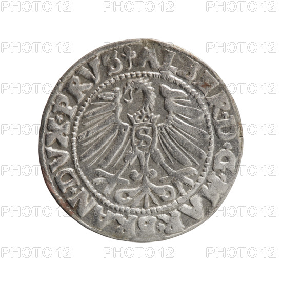 Grosz, Schilling, Maciej. Albrecht Hohenzollern (Prince of Prussia; 1490–1568). Coin (Ducal Prussia, 1525–1701), Königsberg, 1547. Obverse: Prussian eagle, on its chest a crowned letter S; in rim between pearl-shaped borders an inscription beginning with a trefoil: ALBER*D*G*MAR*BRAN*DVX*PRVS. Reverse: male bust in armor in profile to the right; short hair, long pointed beard with sideburns; in rim between pearl-shaped borders an inscription beginning with the Hohenzollern shield: IV,TVS*EX*FIDE,VIVIT*I547*. Diameter 22.9 mm; weight 2.08 g; axis 300°.
