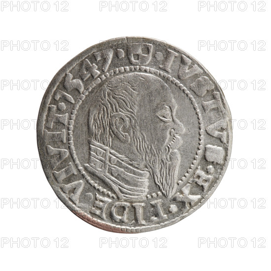 Albrecht Hohenzollern (Prince of Prussia; 1490–1568) — silver coin (Ducal Prussia, 1547, Königsberg). Obverse: Prussian eagle; on its chest a crowned letter S. In the rim, between pearl-shaped borders, inscription beginning with a trefoil: ALBER*D*G*MAR*BRAN*DVX*PRVS. Reverse: male bust in armor in profile facing right; short hair, long pointed beard with sideburns; inner border divided. In the rim, between pearl-shaped borders, inscription beginning with the Hohenzollern shield: IV, TVS*EX*FIDE, VIVIT*I547* (1547). Diameter 22.9 mm; weight 2.08 g; axis 300°.