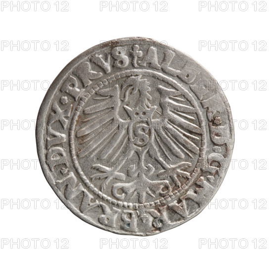 grosz; Schilling; Maciej; eagles; male busts in armor; Hohenzollern (coat of arms); Albrecht Hohenzollern (Prince of Prussia; 1490–1568) — iconography. Obv.: Prussian eagle, on its chest the crowned letter S; in the rim, between pearl-shaped borders, inscription beginning with a trefoil ALBER*D*G*MAR*BRAN*DVX*PRVS. Rev.: male bust in armor in profile turned to the right; short hair, long pointed beard with sideburns, dividing the inner rim; in the rim, between pearl-shaped borders, inscription beginning with the Hohenzollern shield *, VSTVS, IDE*VIVIT*I547*. 1547. Ducal Prussia (1525–1701), Königsberg. Coin: diameter 23.0 mm, weight 1.95 g, axis 225°.