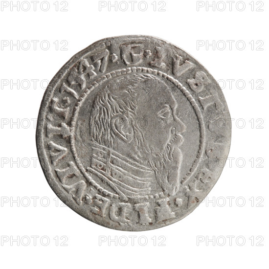 grosz; Schilling, Maciej; obverse: Prussian eagle with on its chest the crowned letter S; rim inscription beginning with a trefoil ALBER*D*G*MAR*BRAN*DVX*PRVS. Reverse: male bust in armor in profile turned right; short hair, long pointed beard with sideburns; rim inscription beginning with the Hohenzollern shield *, VSTVS, IDE*VIVIT*I547*; dated 1547. Albrecht Hohenzollern (Prince of Prussia; 1490–1568) — iconography. Ducal Prussia (1525–1701), Königsberg; coin; diameter 23.0 mm; weight 1.95 g; axis 225°