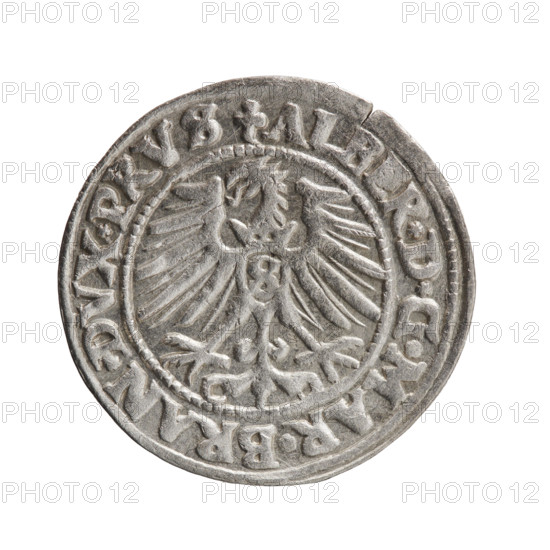 grosz; Schilling; Maciej; eagles; Albrecht Hohenzollern (Prince of Prussia; 1490–1568) — iconography; Hohenzollern coat of arms; male busts in armor. Obverse: Prussian eagle, on its chest the crowned letter S; in the rim, between pearl-shaped borders, an inscription beginning with a trefoil ALBER*D*G*MAR*BRAN*DVX*PRVS. Reverse: male bust in armor in profile to the right; short hair, long pointed beard with sideburns; dividing the inner rim; in the rim, between pearl-shaped borders, an inscription beginning with the Hohenzollern shield *IVSTVS*EX*FIDE, VIVIT*I547*; date 1547. Ducal Prussia (1525–1701), Königsberg. Coin: diameter 23.9 mm, weight 2.08 g, axis 45°.