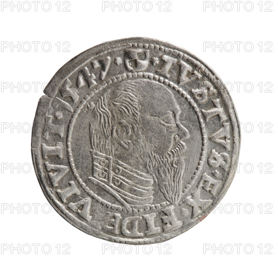 Grosz, Schilling, Maciej; eagles; Albrecht Hohenzollern (Prince of Prussia; 1490–1568) — iconography; Hohenzollern (coat of arms); male busts in armor. Obverse: Prussian eagle, on its chest the crowned letter S. In the rim, between the pearl-shaped borders, an inscription beginning with a trefoil ALBER*D*G*MAR*BRAN*DVX*PRVS. Reverse: male bust in armor in profile turned to the right; short hair, long pointed beard with sideburns, dividing the inner rim. In the rim, between the pearl-shaped borders, an inscription beginning with the Hohenzollern shield *IVSTVS*EX*FIDE, VIVIT*I547*. Date: 1547. Place/style: Ducal Prussia (1525–1701), Königsberg. Object: coin. Diameter: 23.9 mm; weight: 2.08 g; axis: 45°.