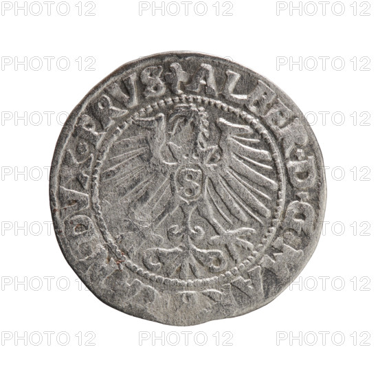 grosz, Schilling, Maciej; eagles; Albrecht Hohenzollern (Prince of Prussia; 1490–1568) — iconography; male busts in armor; Hohenzollern coat of arms. Obverse: Prussian eagle with crowned letter S on its chest; rim between pearl-shaped borders with inscription beginning with a trefoil ALBER*D*G, MA, AN, DVX*PRVS. Reverse: male bust in armor in profile to the right; short hair, long pointed beard with sideburns, inner border divider; rim between pearl-shaped borders with inscription beginning with the Hohenzollern shield IVSTVS*EX*FID, VIVIT*1547*. Date: 1547. Issued in Ducal Prussia (1525–1701), Königsberg. Coin: diameter 23.3 mm, weight 1.78 g, axis 315°.
