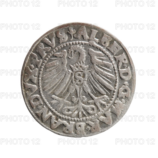 grosz, Schilling, Maciej, eagles, Albrecht Hohenzollern (Prince of Prussia; 1490-1568) - iconography, male busts in armor, Hohenzollern (coat of arms), Obv. Prussian eagle, on his chest the crowned letter S. In the rim, between the pearl-shaped borders, an inscription beginning with a trefoil ALBER*D*G*MAR*BRAN*DVX*PRVS Rev. Male bust in armor in profile turned to the right; short hair, long, pointed beard with sideburns, dividing the inner border. In the rim, between the pearl-shaped borders, an inscription beginning with the Hohenzollern shield   *IV, TV, *EX*FIDE*VIVIT*I547, 1547, Ducal Prussia (1525-1701), Königsberg, coin, diameter 23.0 mm, weight 1.90 g, axis 315 degrees